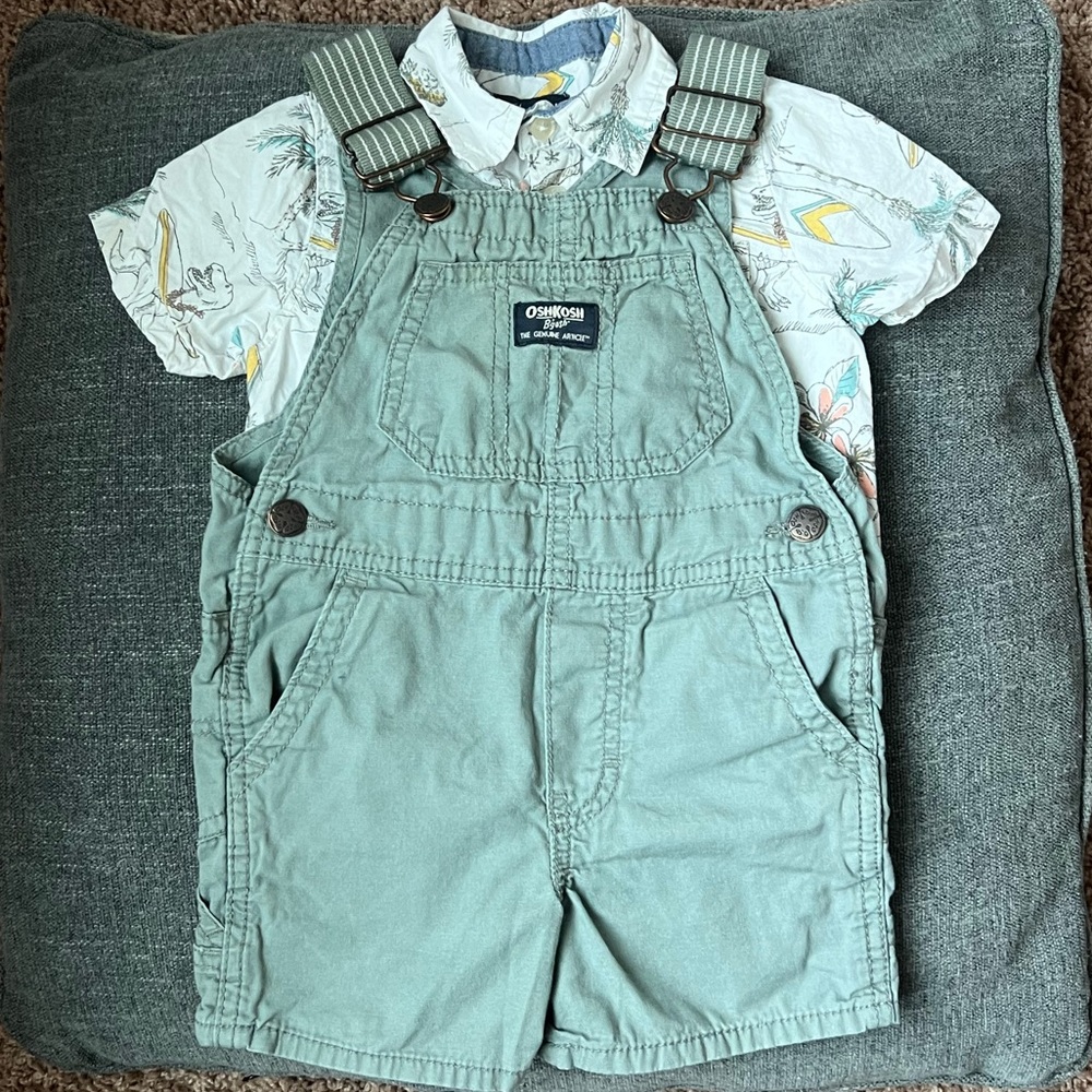 OshKosh 2T Overall Olive Colored Short EUC with BONUS surf shirt